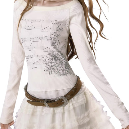 SWAGTOK women's milky white cotton long-sleeved t-shirt with a unique musical note print and slim fit.