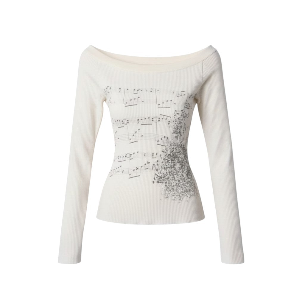 SWAGTOK women's milky white cotton long-sleeved t-shirt with a printed musical score design and off-the-shoulder neckline.