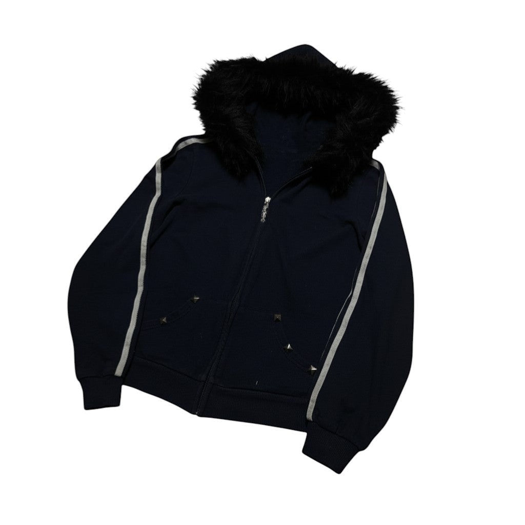 SWAGTOK navy blue fleece hooded sweatshirt with black faux fur trim, silver stripes on sleeves, and studded pockets.