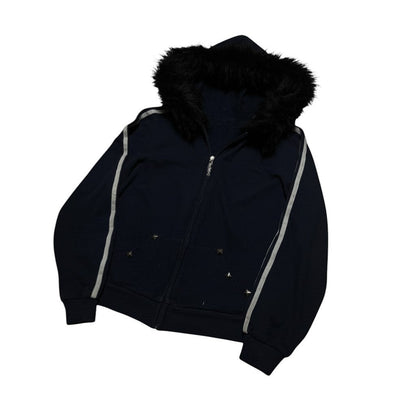 SWAGTOK navy blue fleece hooded sweatshirt with black faux fur trim, silver stripes on sleeves, and studded pockets.