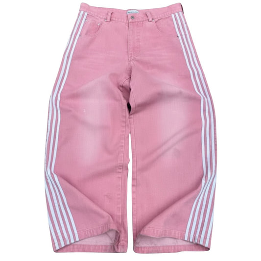 SWAGTOK pink denim straight-leg jeans with white side stripes, mid-waist, zip fly, for daily wear.