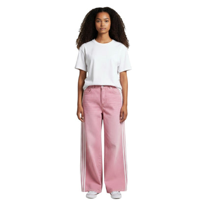SWAGTOK pink wide-leg denim jeans with white side stripes, mid-waist, zip fly, for daily wear.