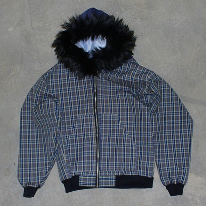 SWAGTOK black and grey plaid fleece hooded sweatshirt with black faux fur trim and zipper closure.