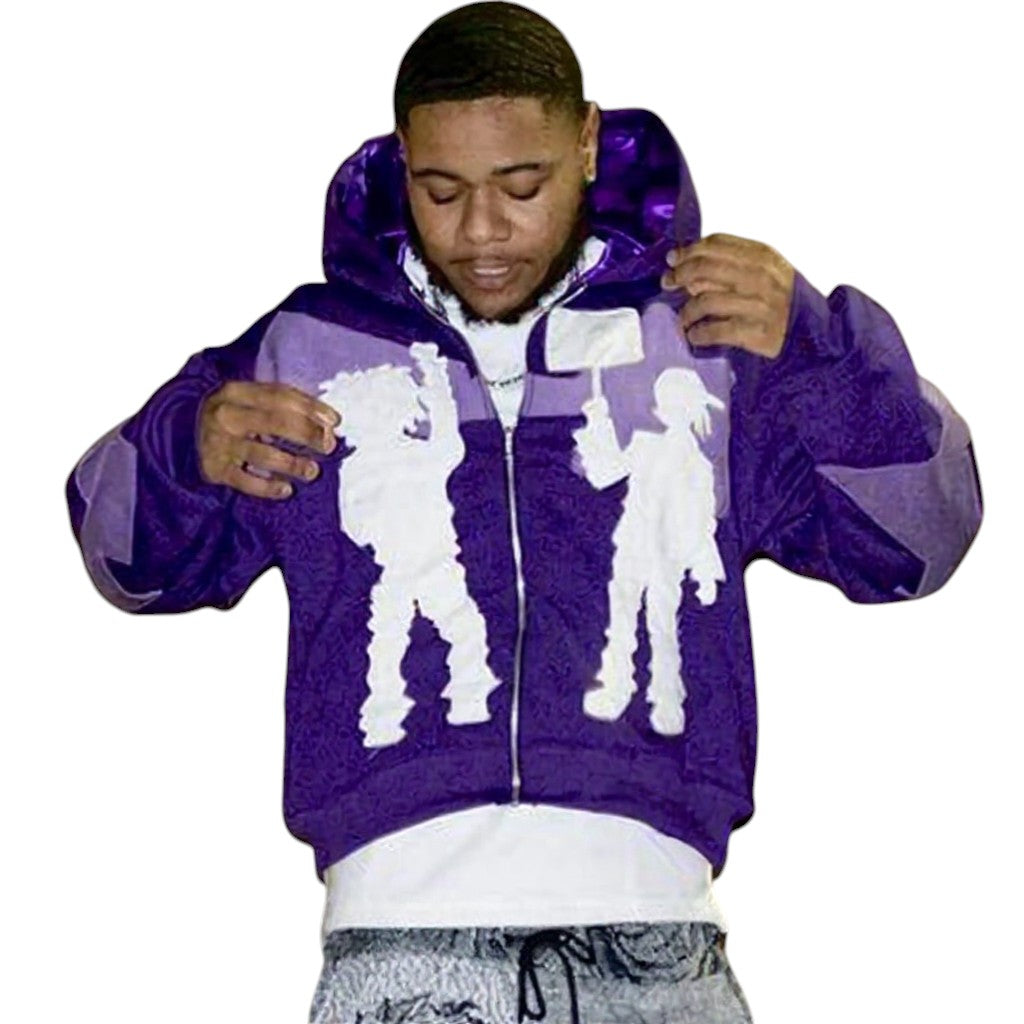 SWAGTOK purple polyester zip-up hoodie with white graphic print of figures, long sleeves, and contrasting purple panels.