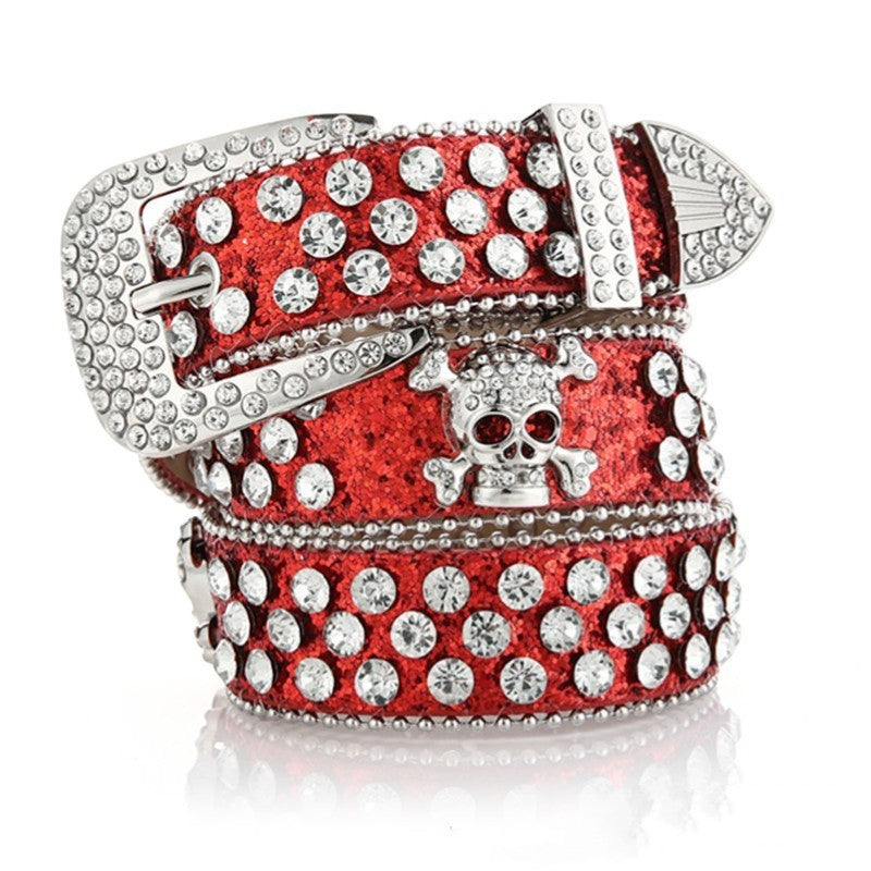 SWAGTOK Women's red glitter cowboy belt with skull and rhinestone details, alloy buckle, imitation leather.