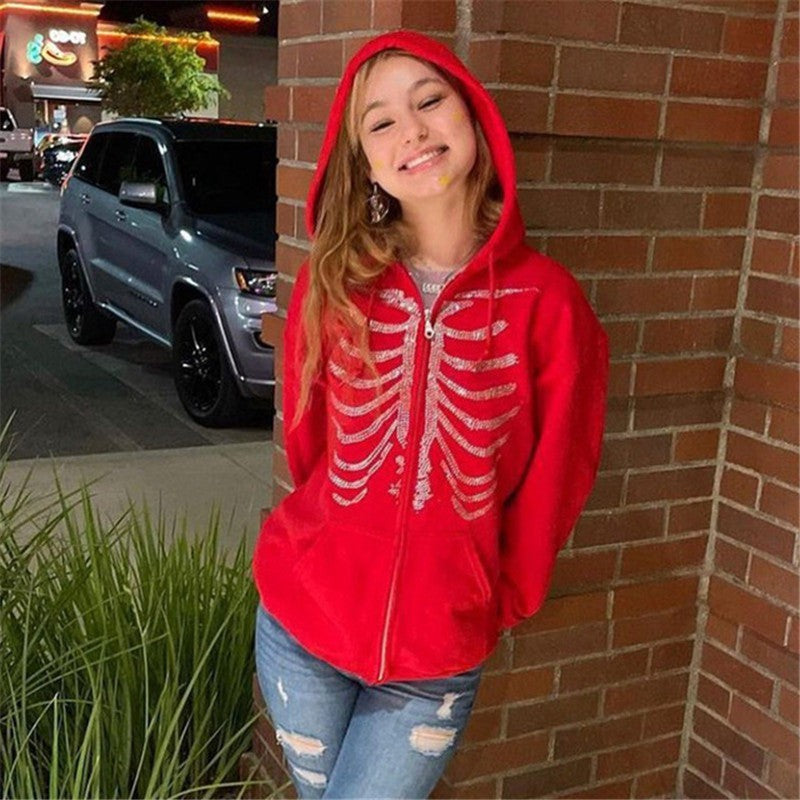 SWAGTOK red zip-up hoodie with a rhinestone skeleton graphic, long sleeves, and V-neck.