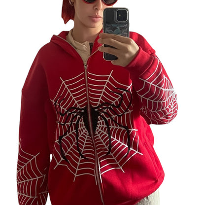 SWAGTOK red polyester zip-up hoodie with white spider web graphic and black spider detail on front and sleeves.