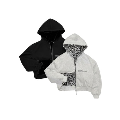 SWAGTOK reversible grey and black polyester hoodie with leopard print lining and faux fur trim.