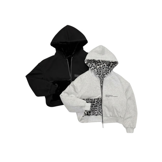 SWAGTOK reversible grey and black polyester hoodie with leopard print lining and faux fur trim.