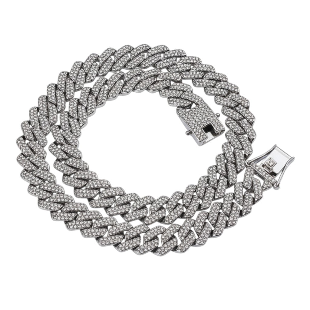SWAGTOK silver Cuban chain necklace with full diamond detailing, 14mm width, hip hop style.