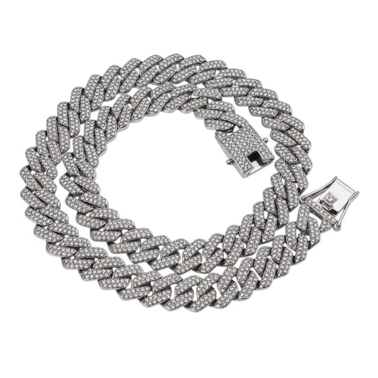 SWAGTOK silver Cuban chain necklace with full diamond detailing, 14mm width, hip hop style.