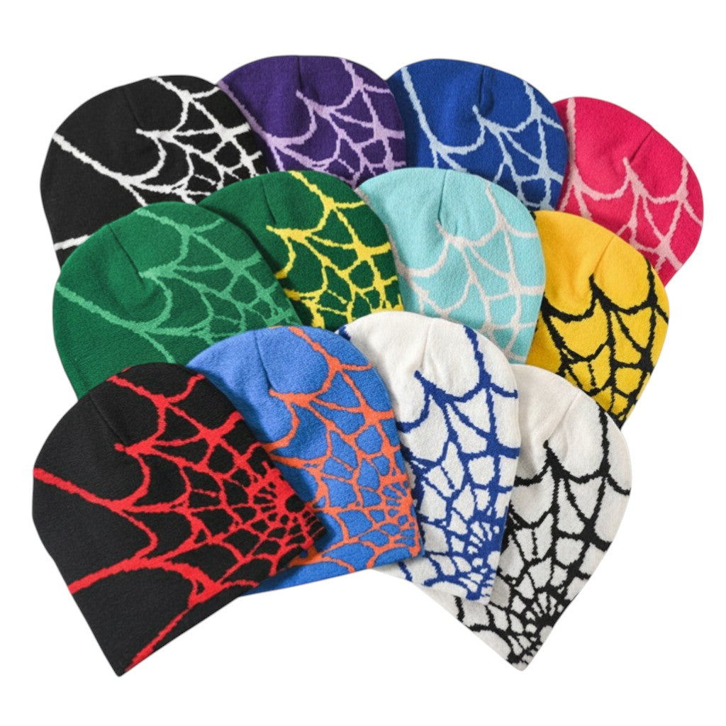 SWAGTOK knitted acrylic beanie with spider web pattern in various colors. Warm, windproof winter street style hat.