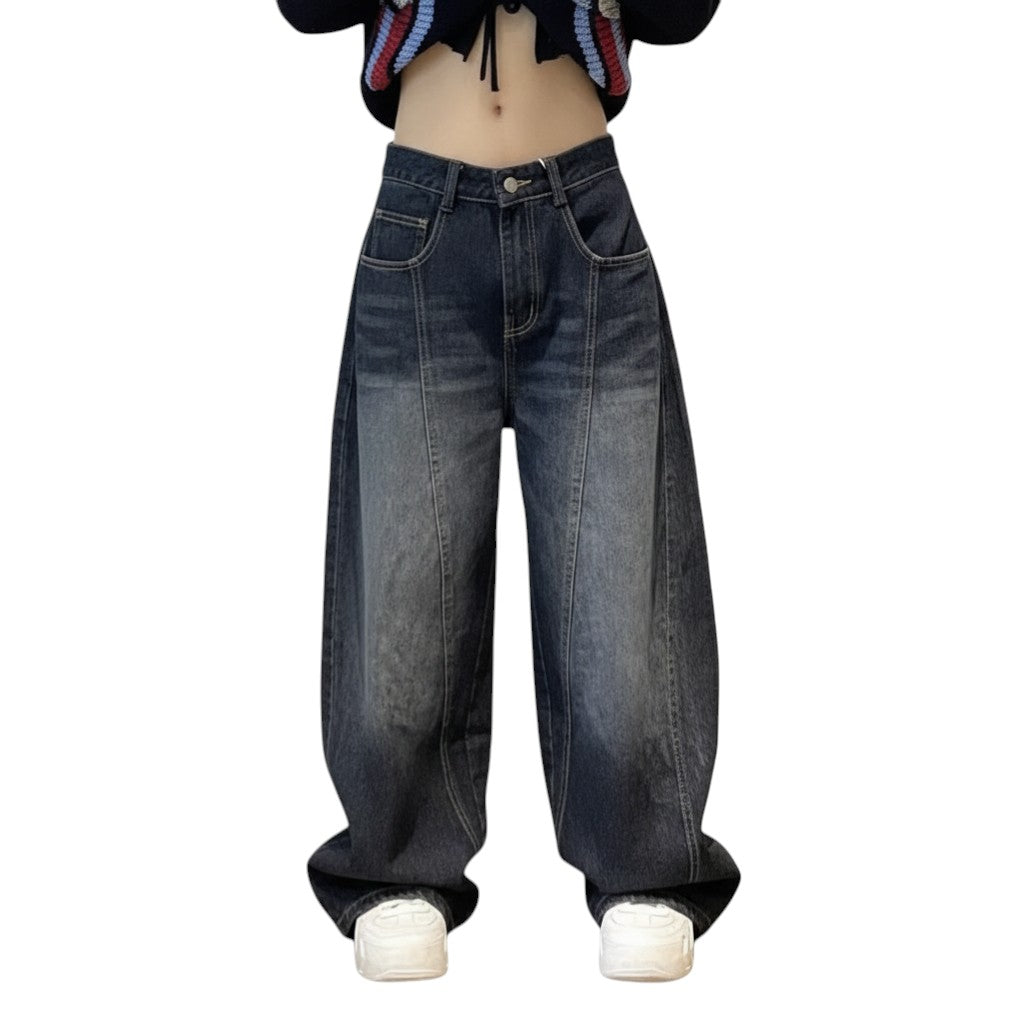 SWAGTOK vintage blue high-waist baggy denim cargo pants with distressed finish and embroidered details.