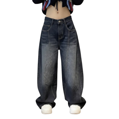 SWAGTOK vintage blue high-waist baggy denim cargo pants with distressed finish and embroidered details.