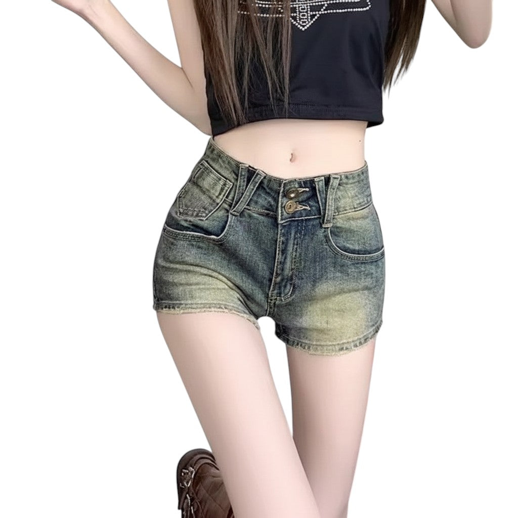 SWAGTOK vintage blue denim shorts for women, featuring a slim fit, straight leg, and button details. Cotton fabric with a slight stretch.