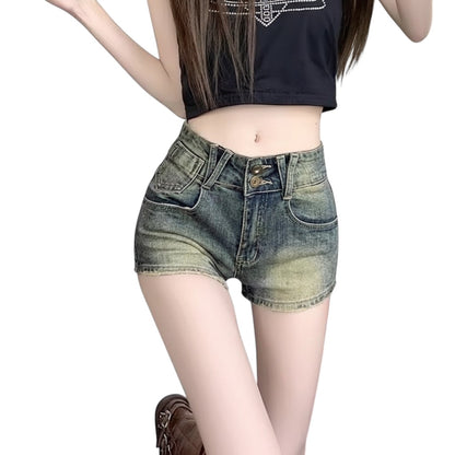 SWAGTOK vintage blue denim shorts for women, featuring a slim fit, straight leg, and button details. Cotton fabric with a slight stretch.