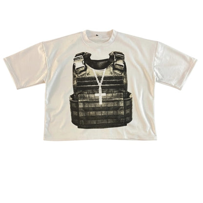 SWAGTOK white cotton t-shirt with a graphic print of a tactical vest and a cross necklace. Short sleeves, crew neck.