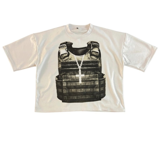 SWAGTOK white cotton t-shirt with a graphic print of a tactical vest and a cross necklace. Short sleeves, crew neck.