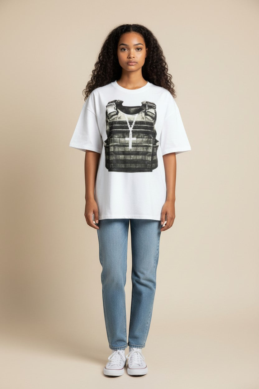 SWAGTOK white cotton short sleeve t-shirt with a graphic print of a tactical vest and cross necklace.