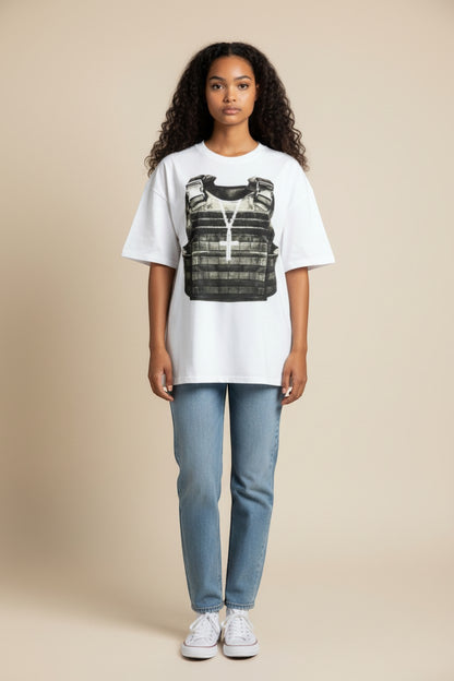 SWAGTOK white cotton short sleeve t-shirt with a graphic print of a tactical vest and cross necklace.