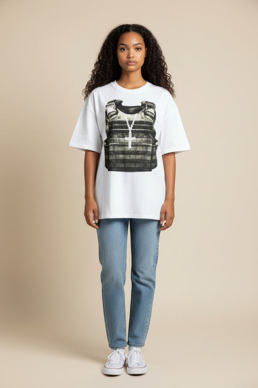 SWAGTOK white cotton short sleeve t-shirt with a graphic print of a tactical vest and cross necklace.