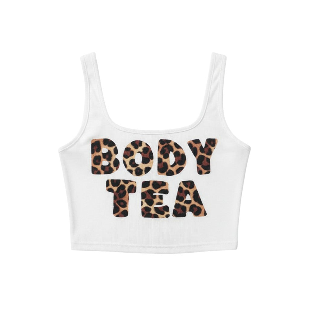 SWAGTOK white polyester halter neck sleeveless crop top with leopard print "BODY TEA" graphic. Street fashion style.