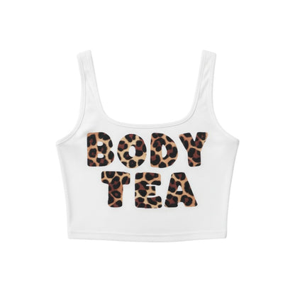 SWAGTOK white polyester halter neck sleeveless crop top with leopard print "BODY TEA" graphic. Street fashion style.