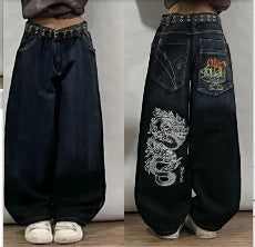SWAGTOK black and dark blue wide leg jeans with dragon embroidery and mid-waist. Cotton fabric.