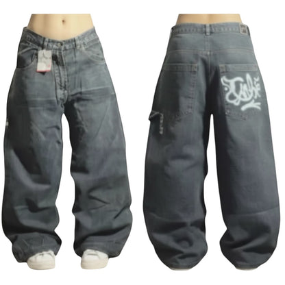 SWAGTOK women's loose casual straight-leg wide-leg denim jeans in blue with high waist and graffiti detail.